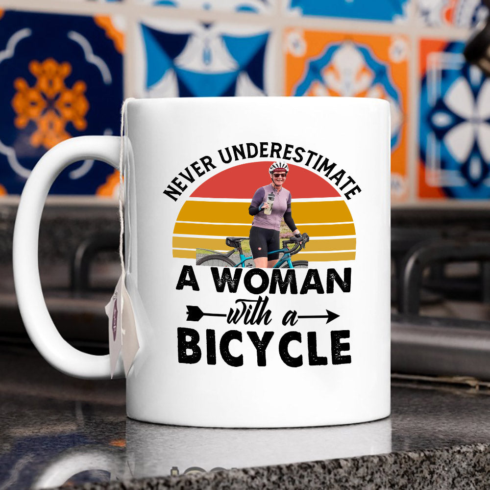 Personalized Image Cycling Mug-Never Underestimate A Woman With A Bicycle