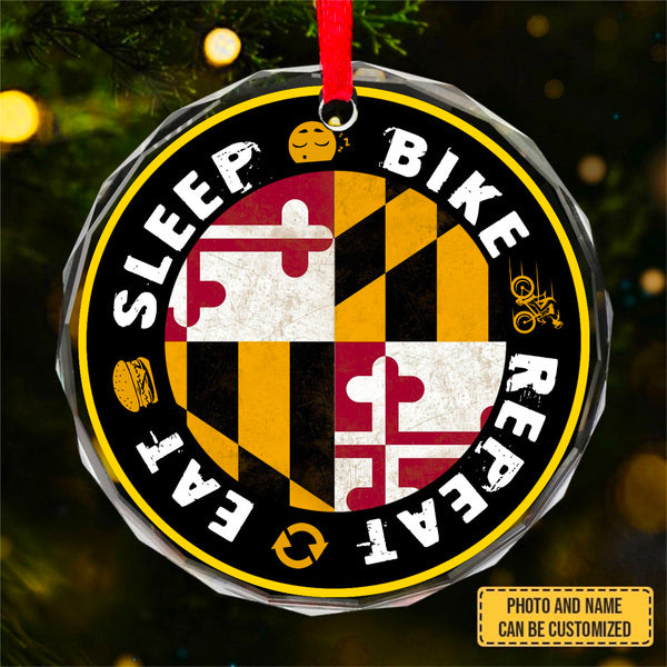 Maryland Flag EAT SLEEP BIKE REPEAT Circle Glass Ornament