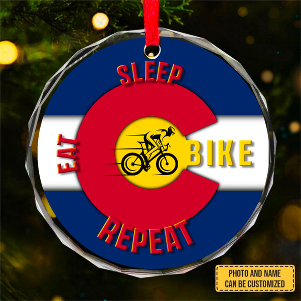 Colorado Flag EAT SLEEP BIKE REPEAT Circle Glass Ornament