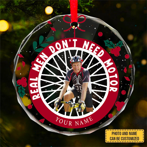 Customized Image REAL MEN DON'T NEED MOTOR Personalized Custom Circle Glass Ornament