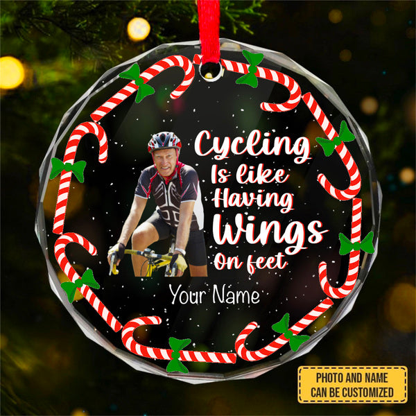 Customized Image CYCLING IS LIKE HAVING WINGS ON FEET Personalized Custom Circle Glass Ornament