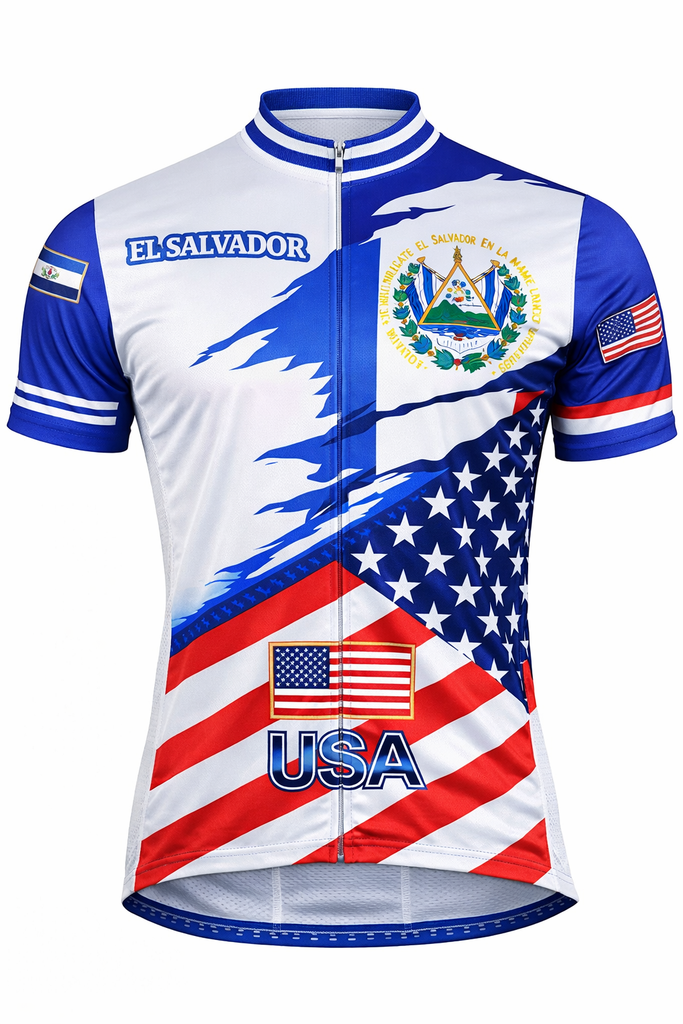 Customized El Salvador-USA Flag Short Sleeve Cycling Jersey for Men and Women