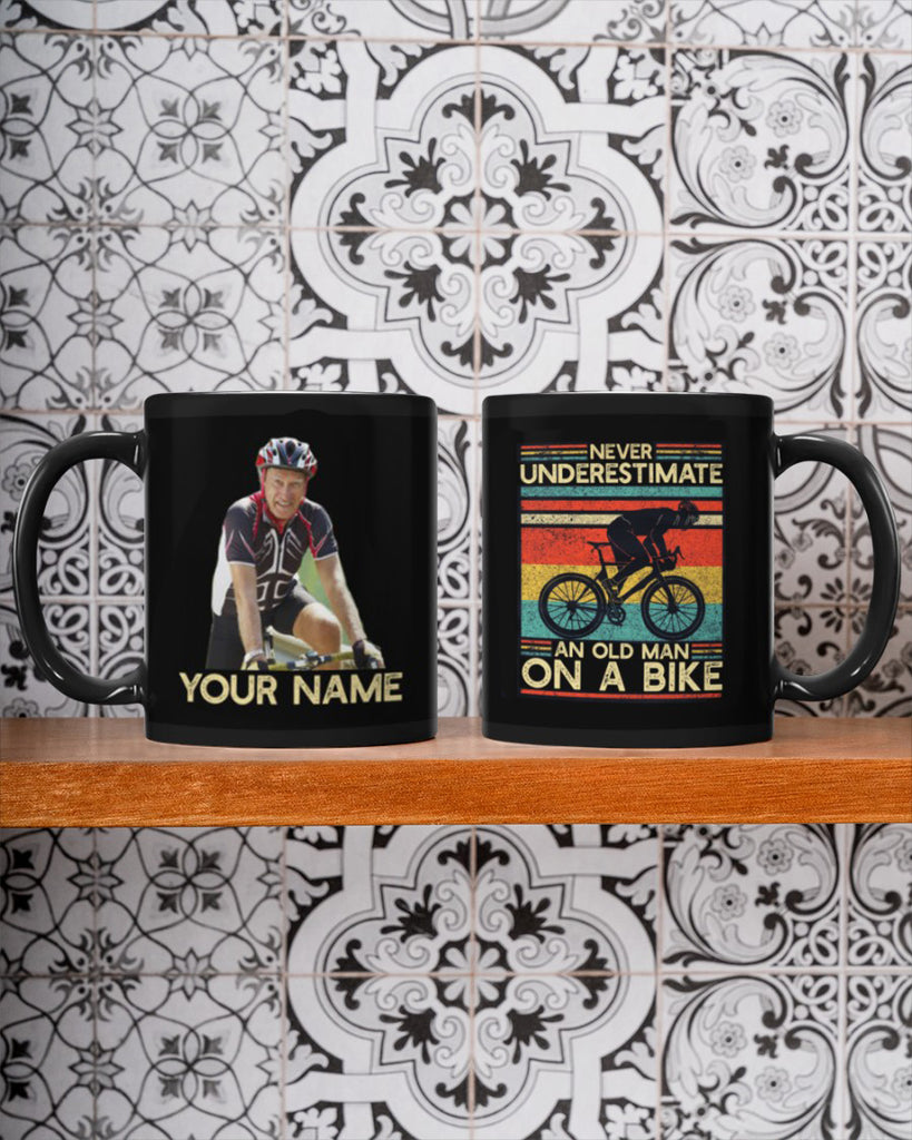 Personalized Image Cycling Mug- Never Underestimate An Old Man On A Bike