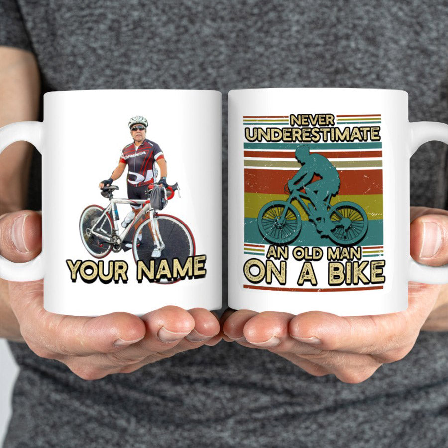 Personalized Image Cycling White Mug- Never Underestimate An Old Man On A Bike
