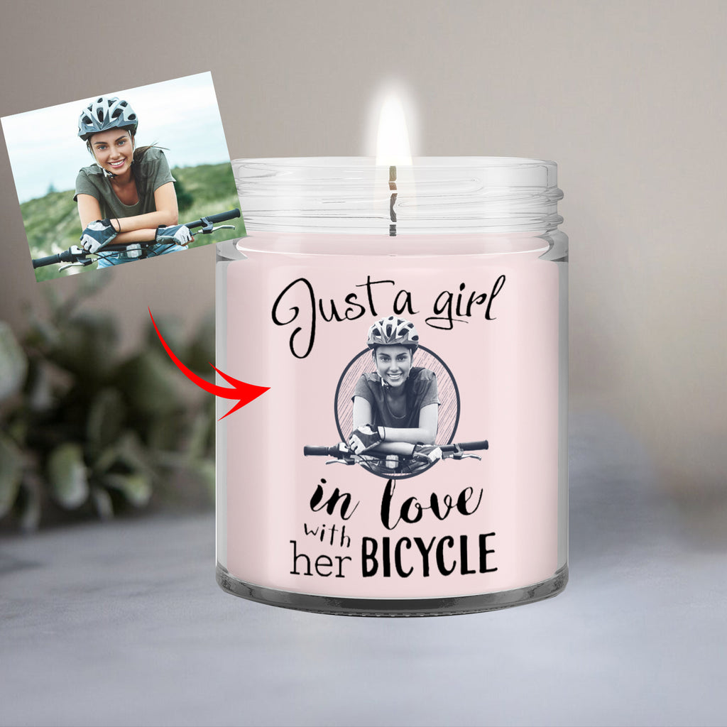 Personalized Cycling Soy Wax Candle- Personalized Image Just A Girl In Love With Her Bicycle Candle