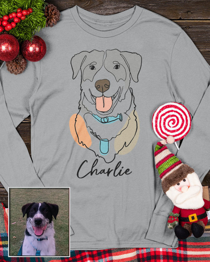 Custom Hand-Drawn Dog Pet Photo T-Shirt, Long Sleeve, Hoodie-Coffee Jersey With Name