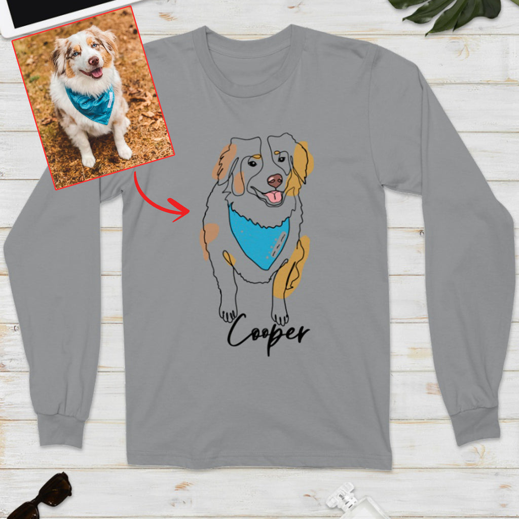 Custom Hand-Drawn Dog Pet Photo T-Shirt, Long Sleeve, Hoodie-Coffee Jersey With Name