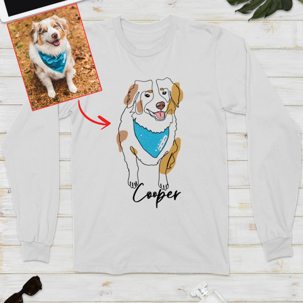 Custom Hand-Drawn Dog Pet Photo T-Shirt, Long Sleeve, Hoodie-Coffee Jersey With Name
