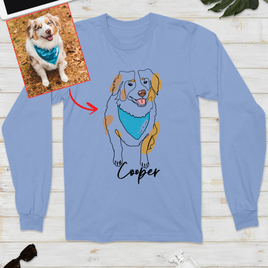 Custom Hand-Drawn Dog Pet Photo T-Shirt, Long Sleeve, Hoodie-Coffee Jersey With Name