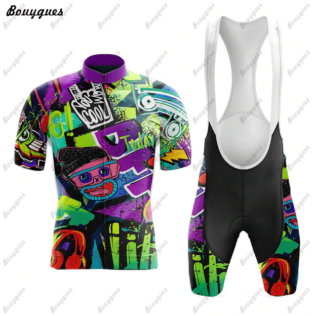 Graffiti Cycling Jersey Set Maillot Ciclismo Hombre Men Short sleeve Cycling Wear MTB Bike Suit Bib/Shorts Breathable Gel Pad
